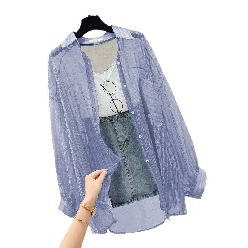 Summer sunscreen chiffon blouse Korean Harajuku style loose casual women's cardigan elegantly perforated top sheer fashionable