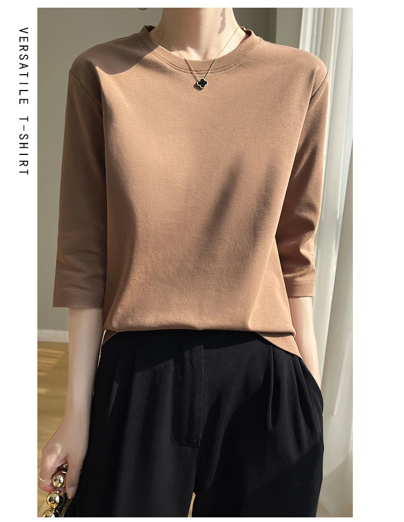 Spring And Summer New White Mercerized Cotton Short Sleeve T-Shirt Feminine Joker Cotton Cropped Sleeve Bottoming Shirt