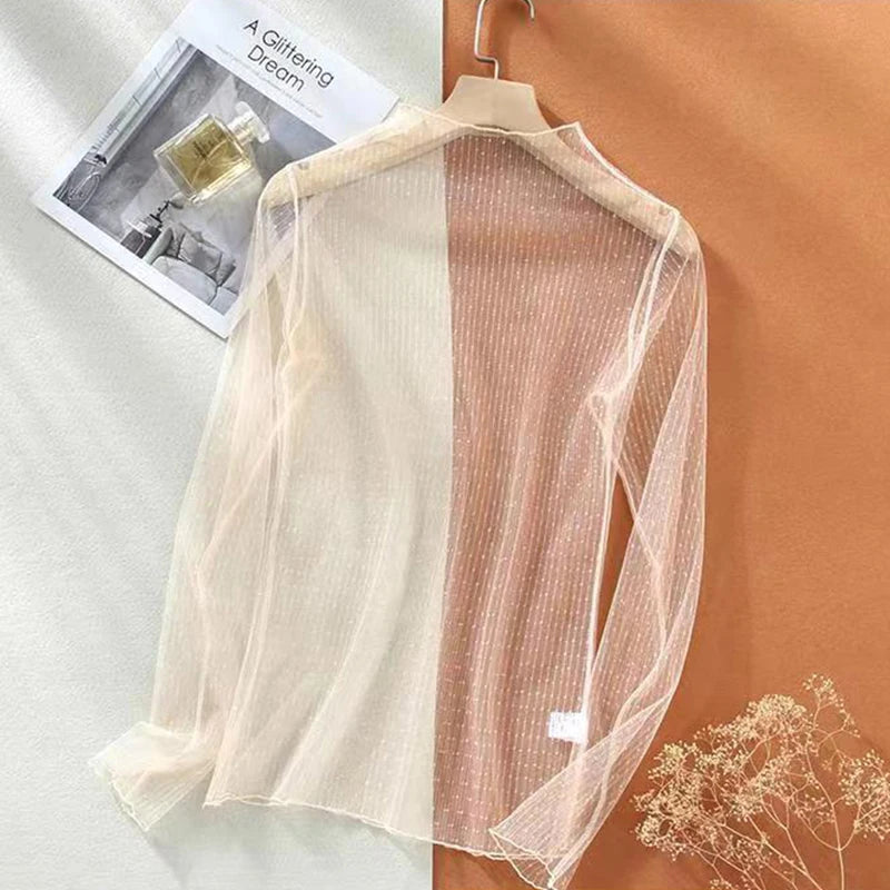 Sexy Women Mesh T-Shirts See-Through Perspective Tshirt Sunscreen Tops Long Sleeve Bottoming Shirts Club Party Black Tee Shirts