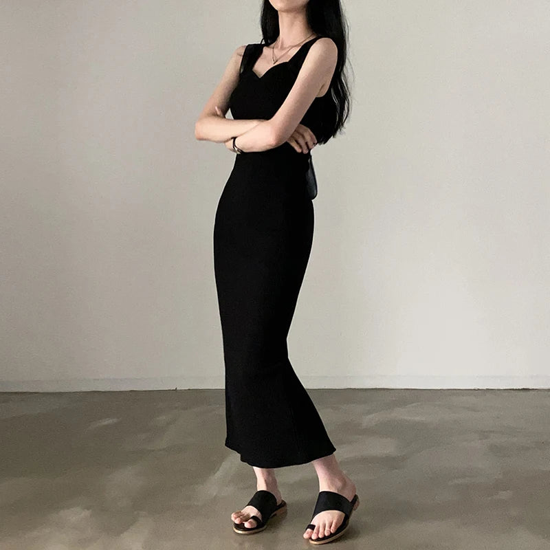 CIBBAR Basic Knit Long Dress Korean Fashion Square Collar Sleeveless Women's Dresses Summer Casual Y2k Vintage All-match Outfits