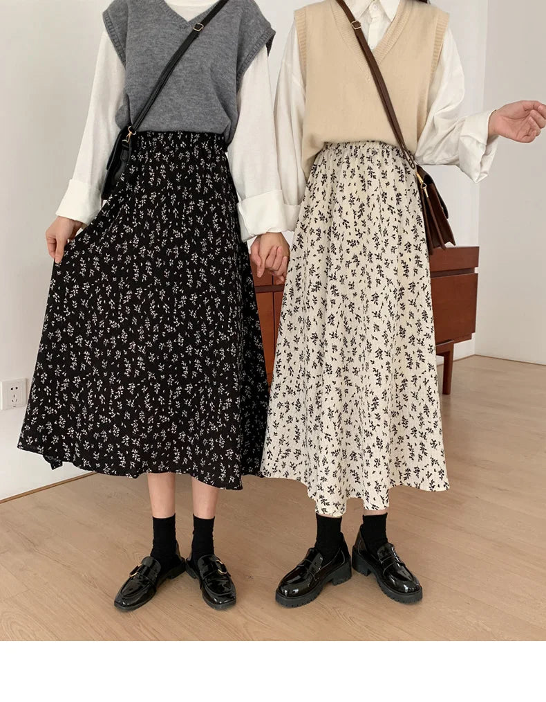 Vintage Floral Print A-line Pleated Long Skirts Summer Women 2024 Korean Skirt Streetwear Drawstring Elastic Waist Midi Skirt