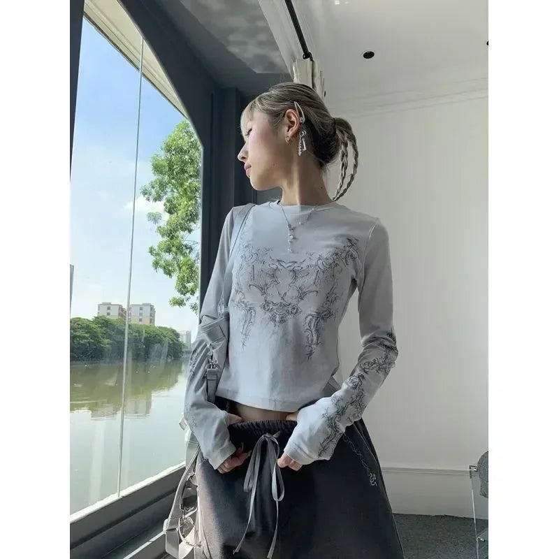 Vintage Women Clothes Y2K T-shirts 2023 Blusas O-neck Long Sleeve Print Tunic Woman Clothing Fashion Casual Crop Tops Shirts