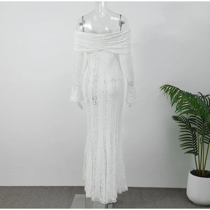Elegant Cut Out Flared Long Sleeve Maxi Dress Women's Lace Up Hollow Out Off Shoulder Bodycon Vestidos 2025 Lady Outwear Vestido