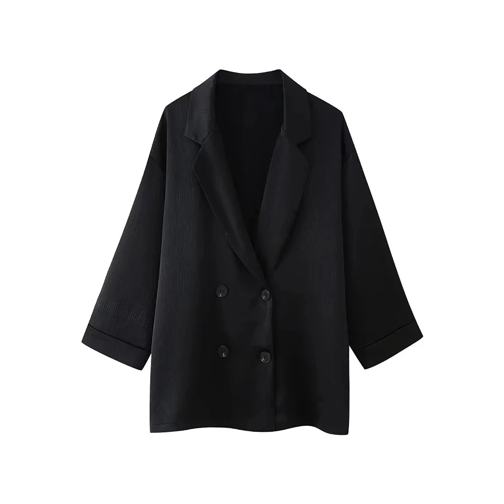 TRZA-Women's Double-Breasted Loose Blazer Coat and High Elastic Waist Wide Leg Pants, Female Two Piece Sets, Fashion