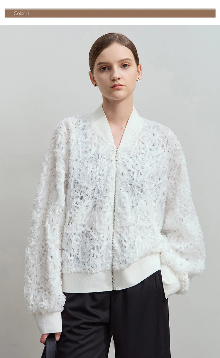 AMII Minimalist Zipper Jacket Women 2025 Spring New V Neck Stereoscopic Hollow Flowers Drop Sleeve Loose Casual Tops 12541004