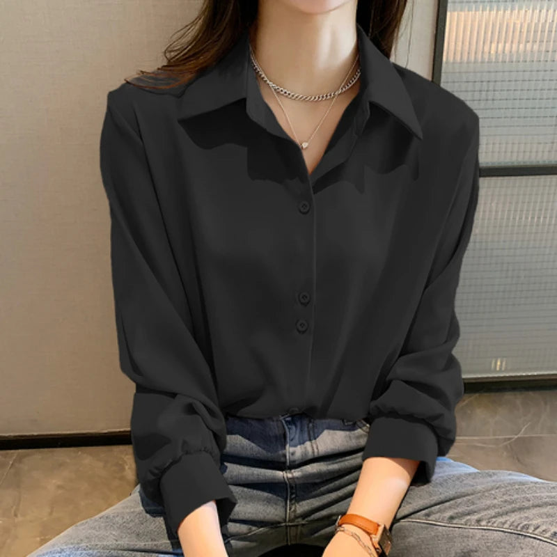 Spring Autumn Casual Chiffon Shirt Women Office Lady Shirts Fashion Female Long Sleeve Loose Solid Blouse Tops S-4XL