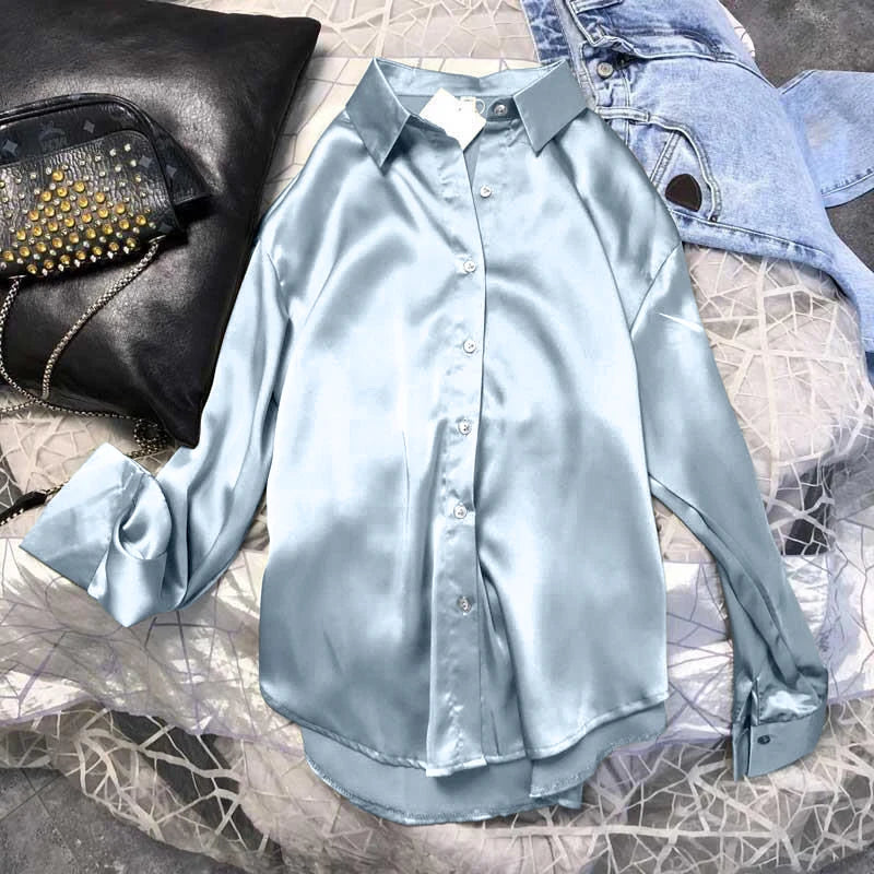Autumn Casual Women's Satin Shirt All-Match Basic Solid Color Office Lady's Top Trendy Multicolor Shirts And Blouses Chic Top