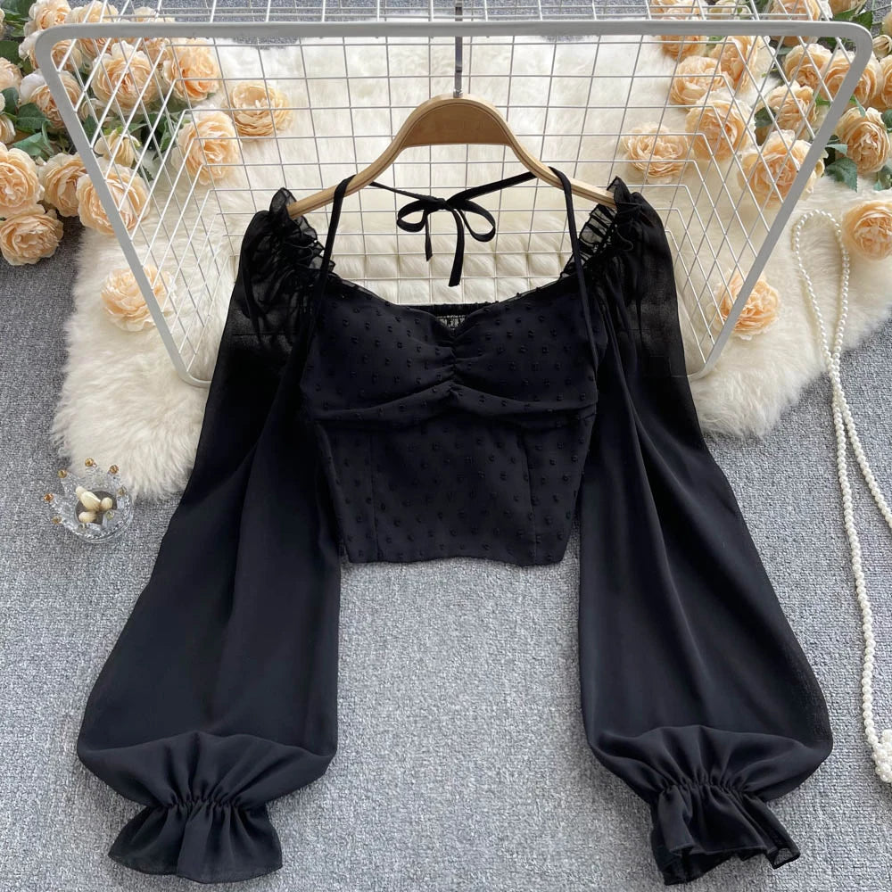 SINGREINY Polka Dot Folds Short Blouse Summer Slash Neck Long Sleeve Women Tie Halter Elastic Waist Fashion French Beach Top