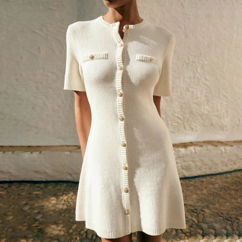White Elegant Knitted Mini Dress For Women Metal Button Sexy Slim Rib Sweater Dress Holiday Party Outfits Autumn 2024 New