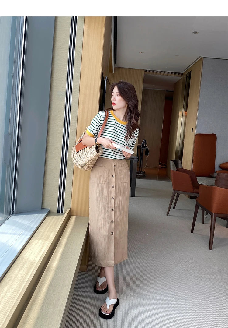2025 Stripe Tops Women Knitted Round Collar Summer Print Short Sleeve Casual Simple Wild T-Shirt