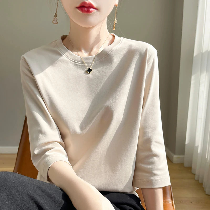 Spring And Summer New White Mercerized Cotton Short Sleeve T-Shirt Feminine Joker Cotton Cropped Sleeve Bottoming Shirt