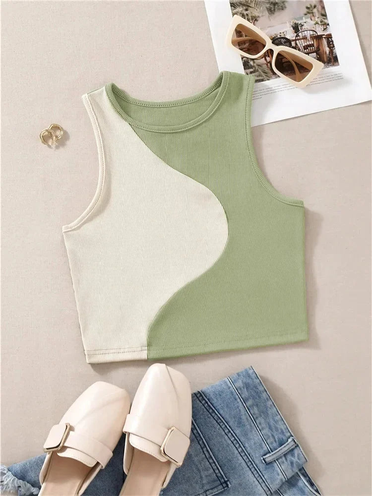 High Street Style Patchwork Rib Knit Sleeveless Crop Top Women Summer Y2K Clothes Korean Fashion Tank Top Tee Streetwear 2023