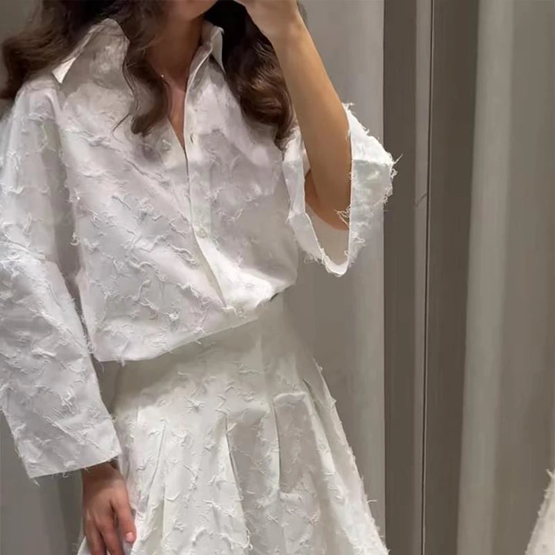 Elegant Shirt Skirt Set Women Lapel Long Sleeve Loose T-shirt High Waist Pleated Long Skirts Suits 2025 Summer Street Lady Sets
