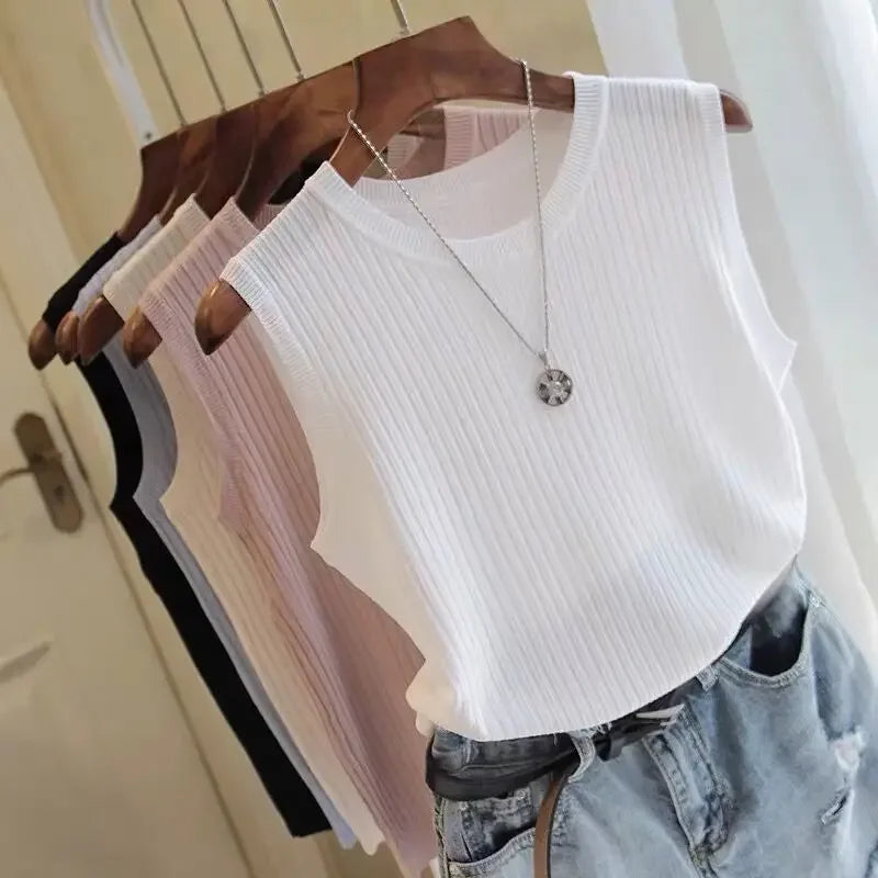 Korea Knitted Vests Women Top Summer Sleeveless Blouse Women O-neck Knitted Blouse Shirt Clothes Women Tops