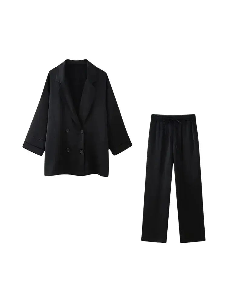 TRZA-Women's Double-Breasted Loose Blazer Coat and High Elastic Waist Wide Leg Pants, Female Two Piece Sets, Fashion