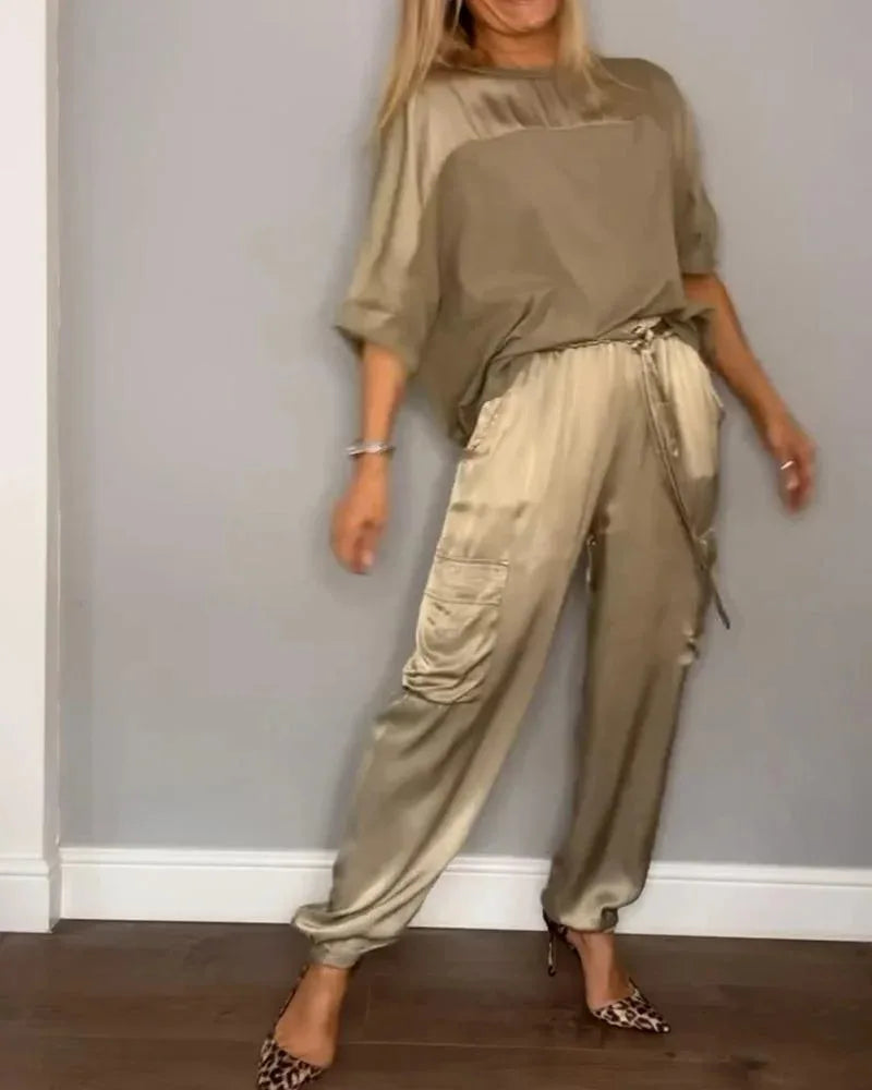 For Women Spring Summer Fashion Solid Color Satin Two Piece Set New O Neck Long Sleeve Top Long Pants Casual Loose Two Piece Set