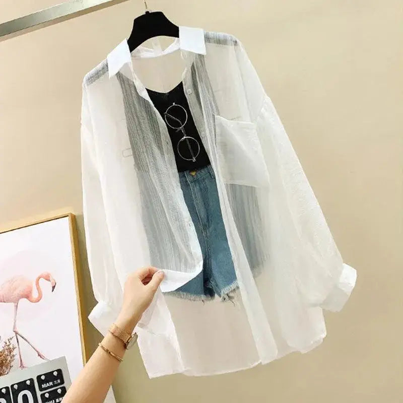 Summer sunscreen chiffon blouse Korean Harajuku style loose casual women's cardigan elegantly perforated top sheer fashionable