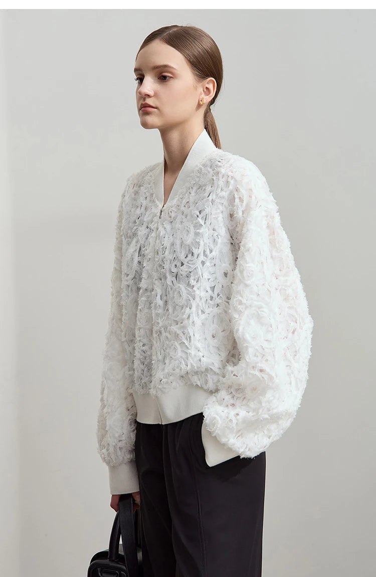 AMII Minimalist Zipper Jacket Women 2025 Spring New V Neck Stereoscopic Hollow Flowers Drop Sleeve Loose Casual Tops 12541004