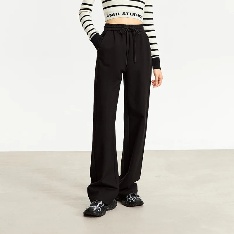 AMII Minimalism Casual Pants for Women 2025 Spring Wide Leg New Loose Vertical Elastic Waist Drawstring Sporty Trousers 12343338
