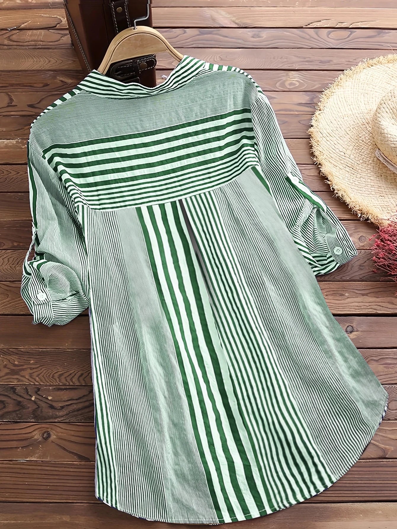 Women's Spring Fall Cotton Linen Long Sleeves Roll Up Striped Casual V Neck Button Down Shirts Blouses Collar Tunic Tops
