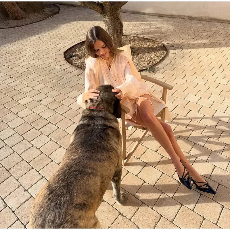 Elegant Ruffles Shiny Mini Dresses Fashion Solid Long Sleeve Lace Up V Neck Pleated Dress New Summer Party Women's Vestidos 2025