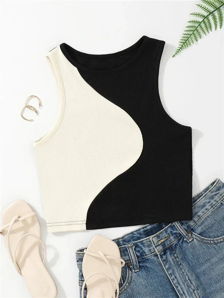 High Street Style Patchwork Rib Knit Sleeveless Crop Top Women Summer Y2K Clothes Korean Fashion Tank Top Tee Streetwear 2023