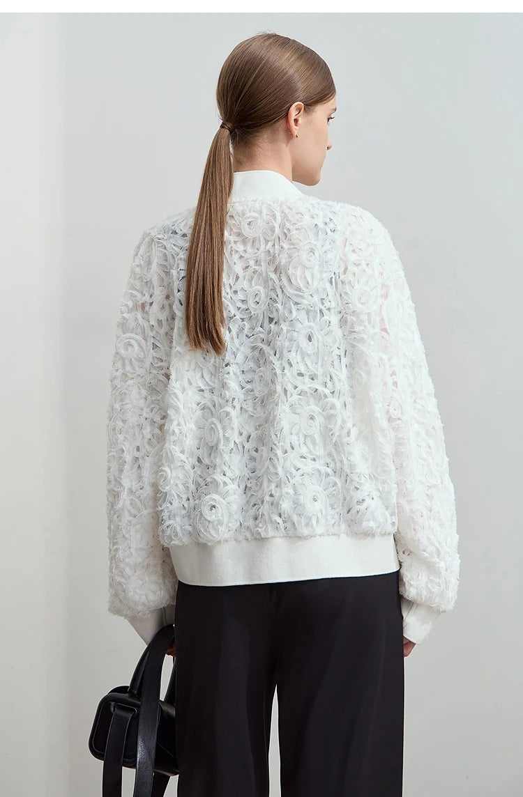 AMII Minimalist Zipper Jacket Women 2025 Spring New V Neck Stereoscopic Hollow Flowers Drop Sleeve Loose Casual Tops 12541004