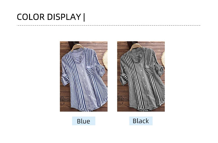 Women's Spring Fall Cotton Linen Long Sleeves Roll Up Striped Casual V Neck Button Down Shirts Blouses Collar Tunic Tops
