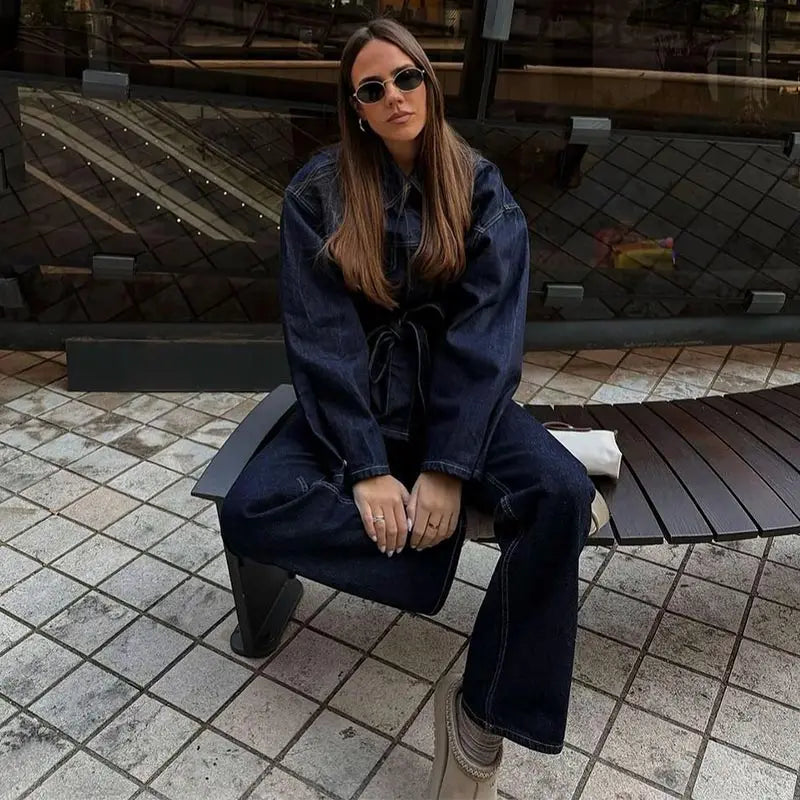 Women Two Pieces Set Denim Pant Sets Single Breasted Long Sleeve Belt Coat Wide Leg Trousers Jeans Female 2 Pieces Outfits