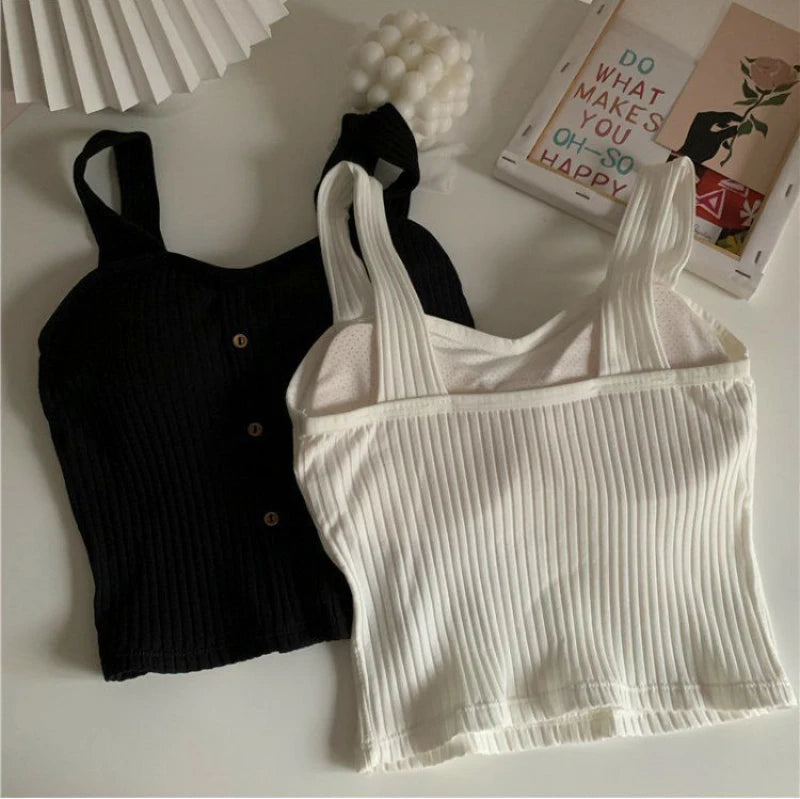 Women's Y2K Cropped Tops with Bra Pads Summer Corset Korean Suspenders Vest Sexy Camisole Slim New
