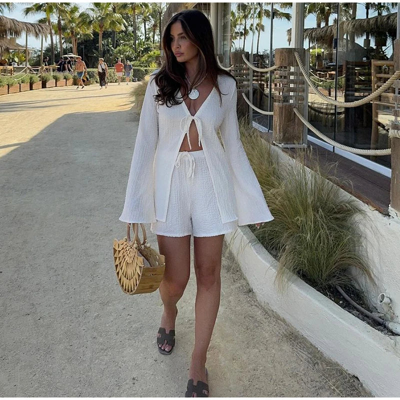 Fashion Solid Women 2 Piece Set Casual Flare Sleeve Lotus Leaf Edge Lace Up Mesh Sheer Shorts Suit 2025 New Lady Commute Outfit