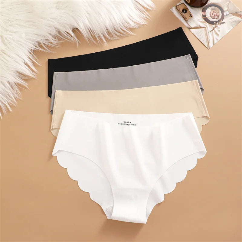 Ice Silk Seamless Panties 4PCS/Set Women's Briefs Solid Color Elastic Underwear Female Ultra Thin No Trace Wavy Side Panties