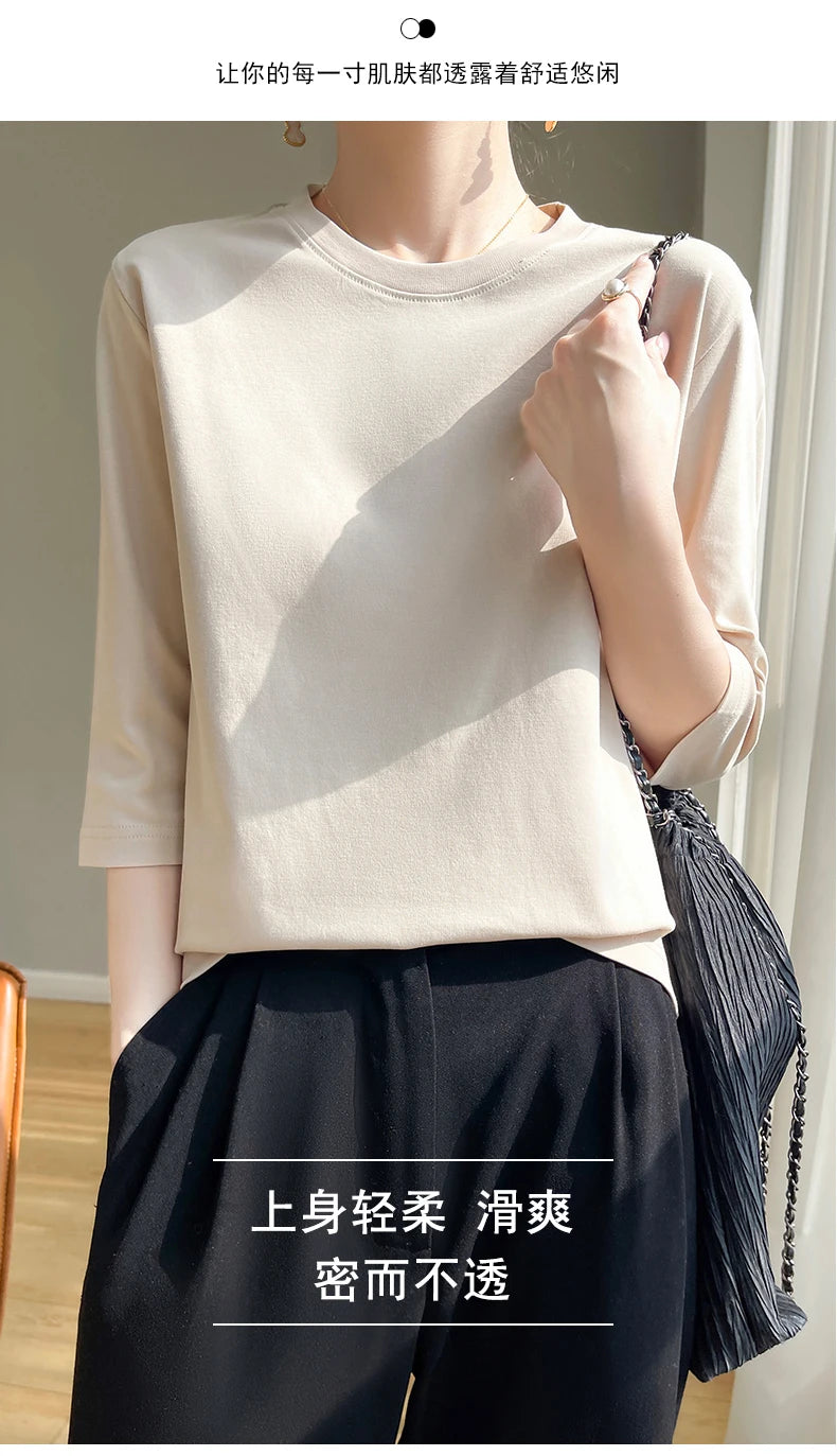 Spring And Summer New White Mercerized Cotton Short Sleeve T-Shirt Feminine Joker Cotton Cropped Sleeve Bottoming Shirt