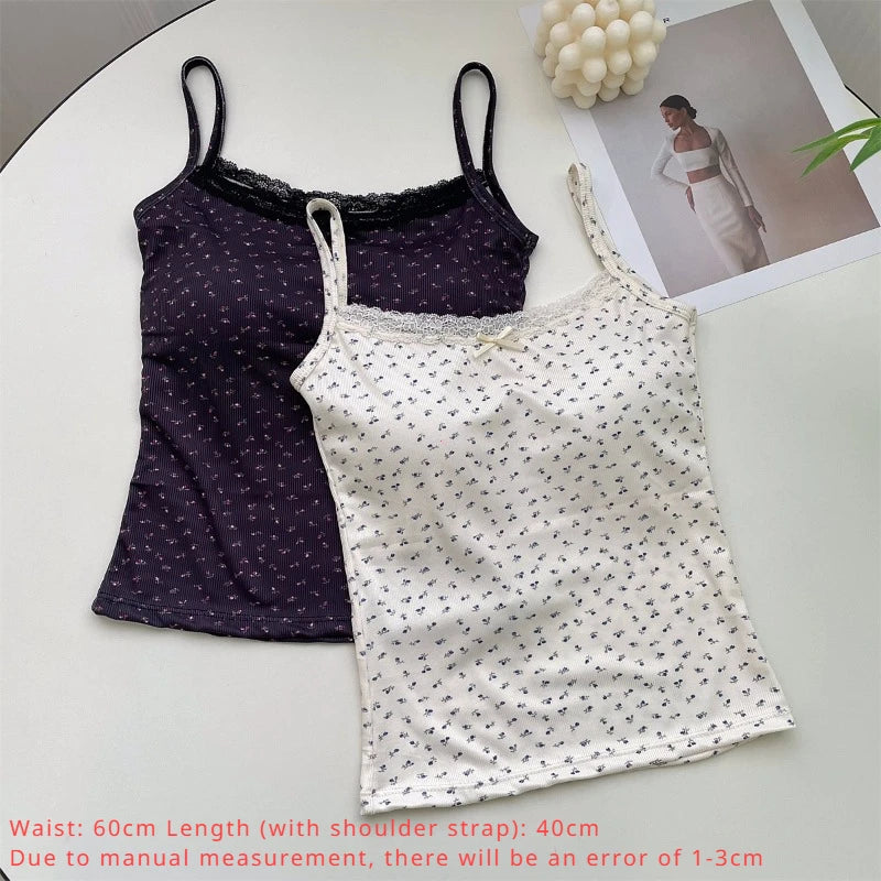 Summer Print Crop Tops for Women Bow Lace Camisole Sexy Backless Vest with Padded Basic Tank Top Bm Style Camis Y2k Streetwear