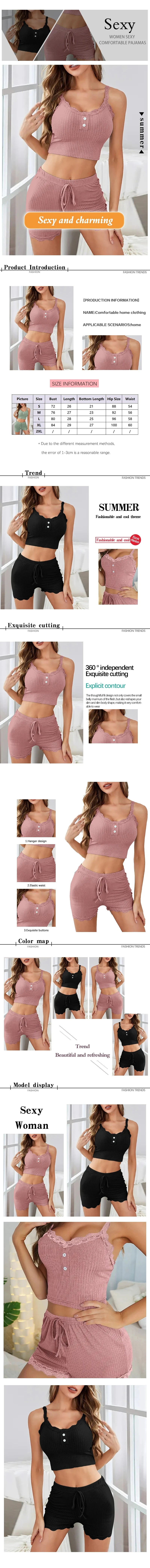 Women's Ribbed Knitted Two-Piece Pajama with Exposed Navel Lace Camisole Vest and Shorts Pajama Set for Casual Home Use