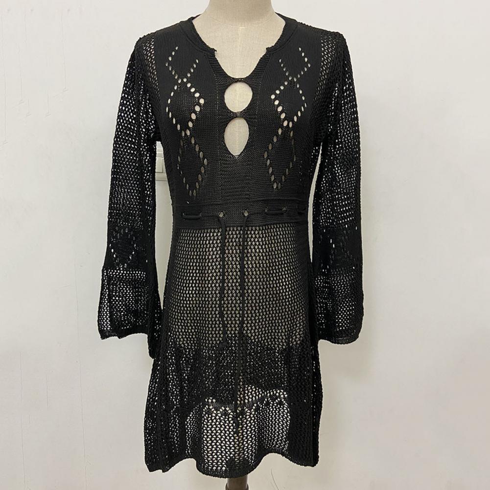 Sexy Women’s Bathing Suit Beach Cover Up Hollow Out Knitted Women Flared Sleeves Solid Color Beach Dress saida de praia