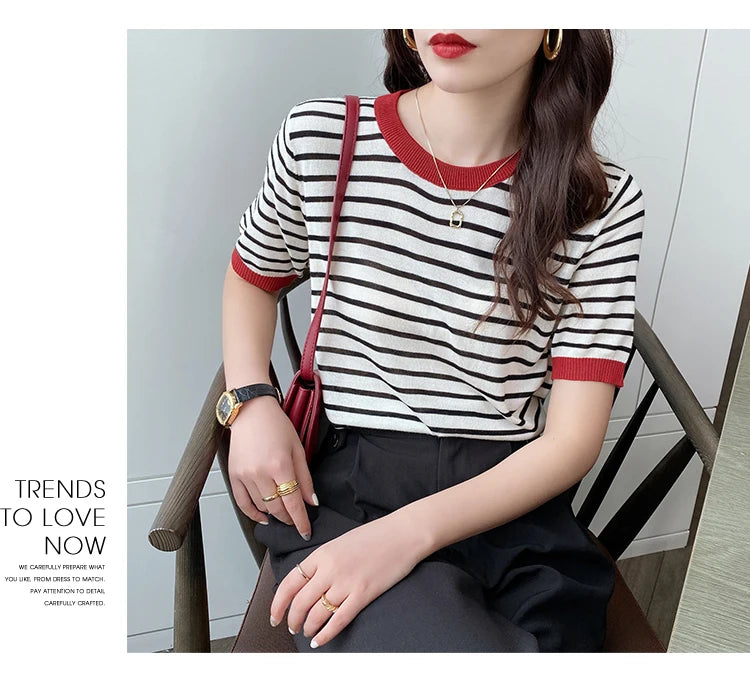 2025 Stripe Tops Women Knitted Round Collar Summer Print Short Sleeve Casual Simple Wild T-Shirt