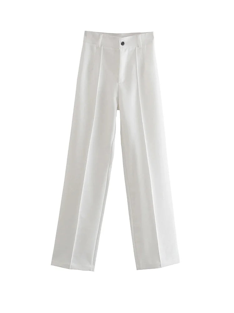 TRZA Women Chic Fashion Office Wear Straight Pants Vintage High Waist Zipper Fly Female Trousers Mujer