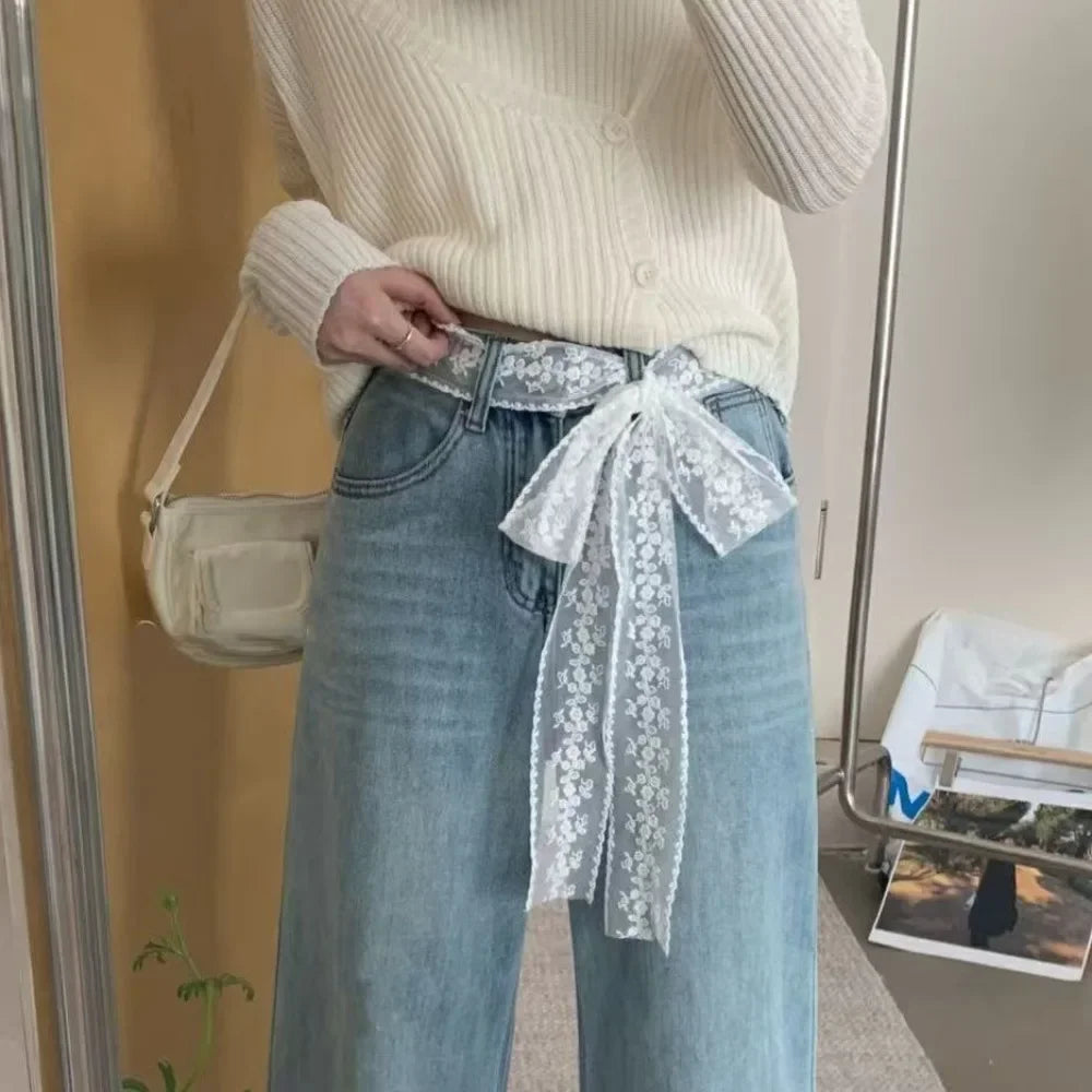Unique Y2k Long Lace Waistband Bow Thin Lace Waist Belt Floral Tie Up Dress Jeans Belt Streetwear