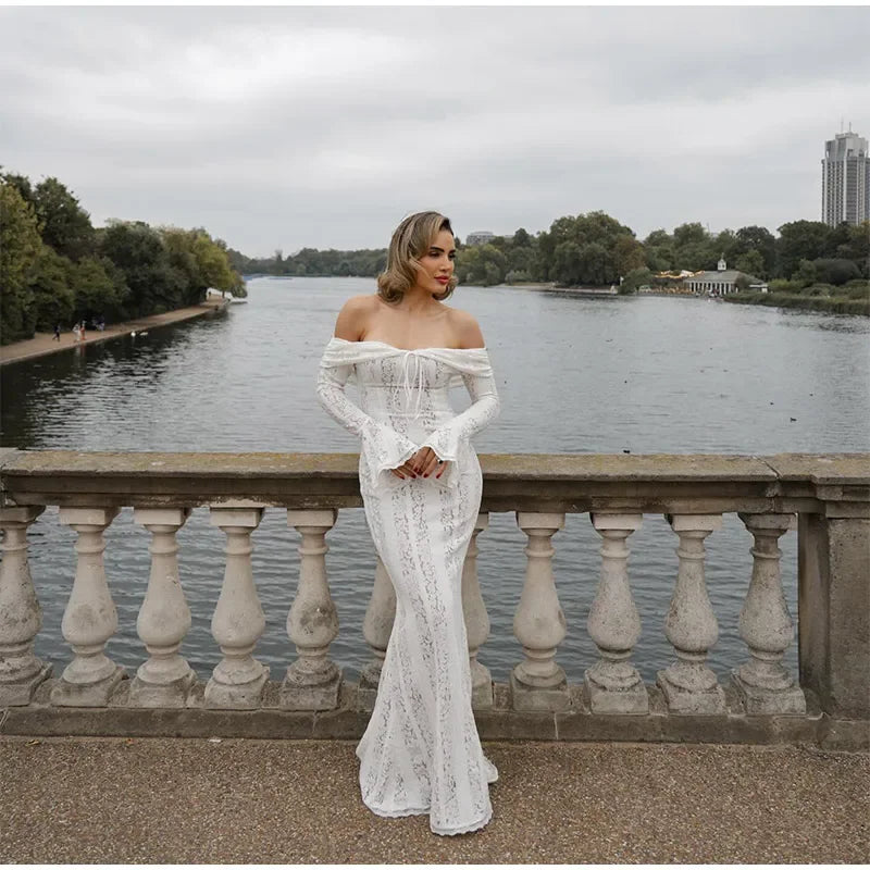 Elegant Cut Out Flared Long Sleeve Maxi Dress Women's Lace Up Hollow Out Off Shoulder Bodycon Vestidos 2025 Lady Outwear Vestido