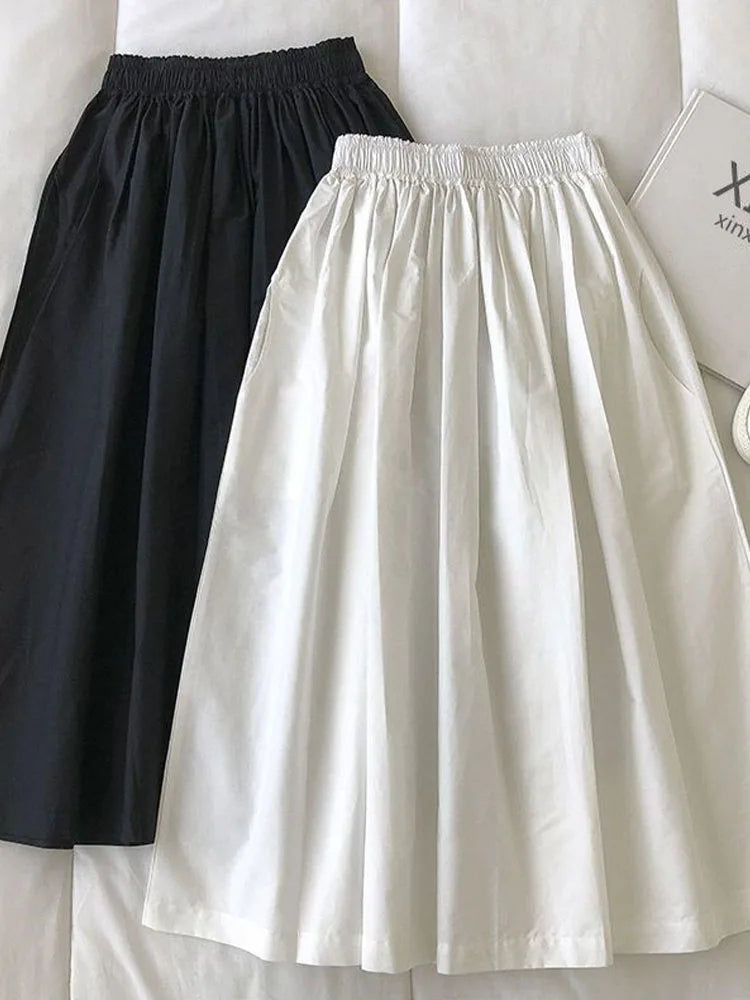 Women White Long Skirt Fashion Pockets Pleated Knee Length Skirts Autumn 2024 New Casual Elegant High Waist A Line Femme Skirts