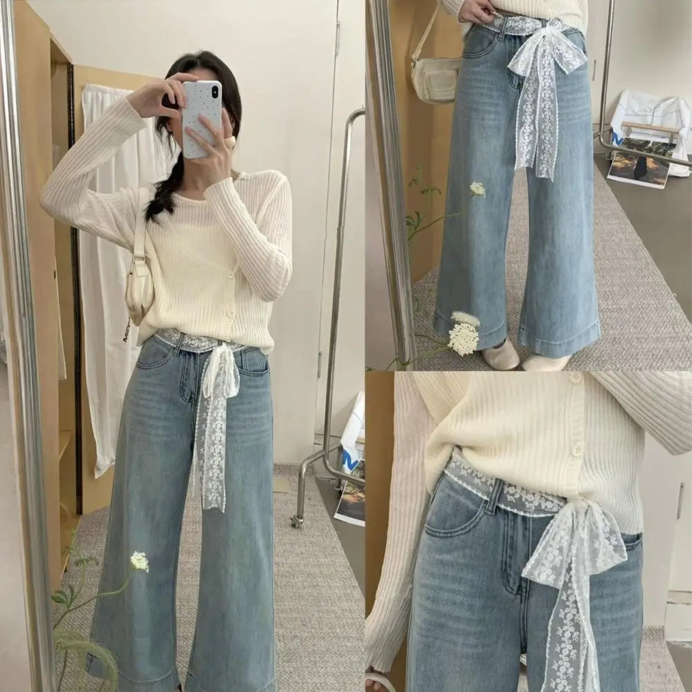 Unique Y2k Long Lace Waistband Bow Thin Lace Waist Belt Floral Tie Up Dress Jeans Belt Streetwear