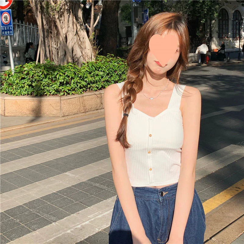 Women's Y2K Cropped Tops with Bra Pads Summer Corset Korean Suspenders Vest Sexy Camisole Slim New