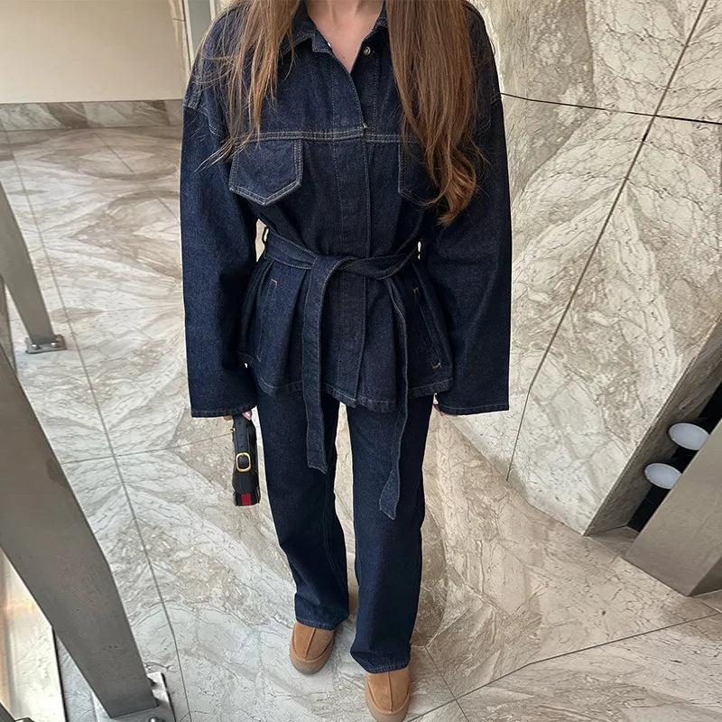 Women Two Pieces Set Denim Pant Sets Single Breasted Long Sleeve Belt Coat Wide Leg Trousers Jeans Female 2 Pieces Outfits