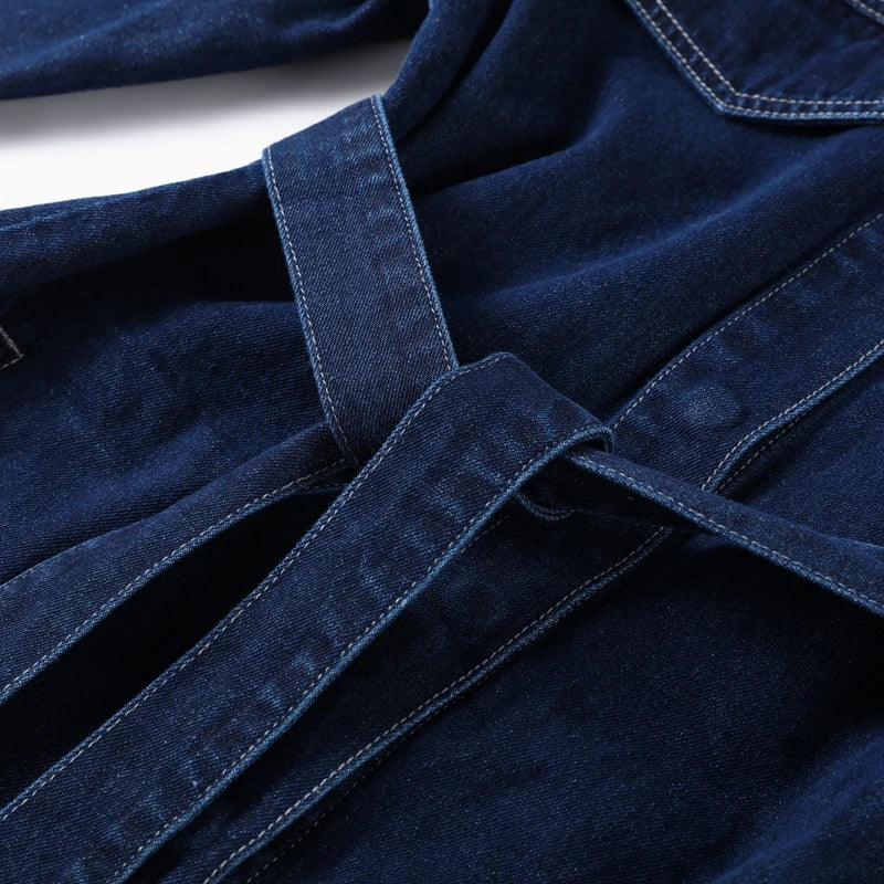 Women Two Pieces Set Denim Pant Sets Single Breasted Long Sleeve Belt Coat Wide Leg Trousers Jeans Female 2 Pieces Outfits