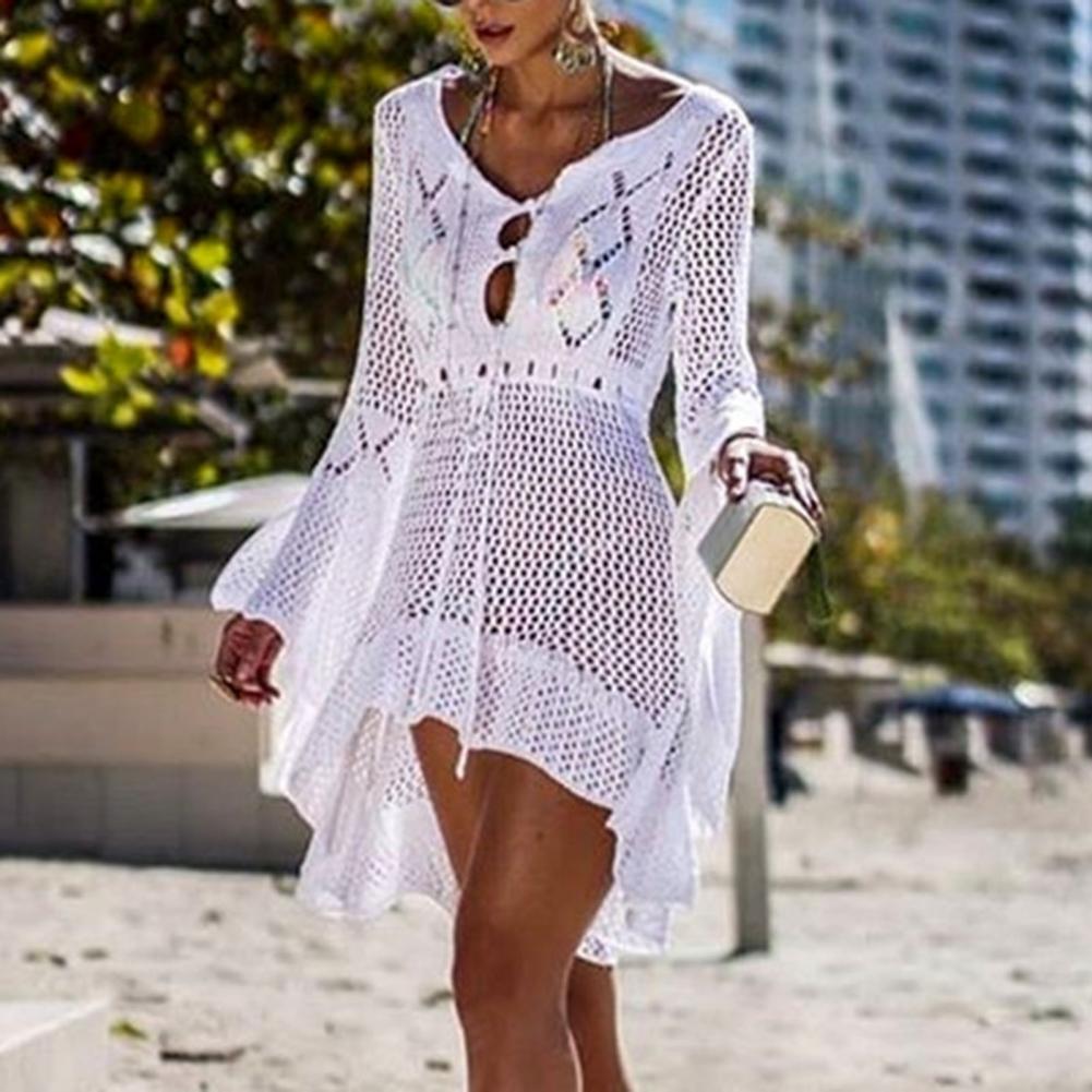 Sexy Women’s Bathing Suit Beach Cover Up Hollow Out Knitted Women Flared Sleeves Solid Color Beach Dress saida de praia