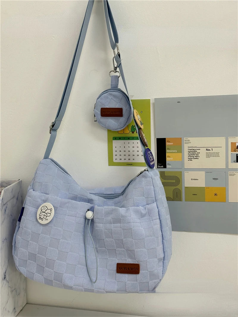 Xiuya Harajuku Style College Crossbody Bag Solid Color Plaid Print Large Capacity Shoulder Bag New Cute Fashion Designer Handbag