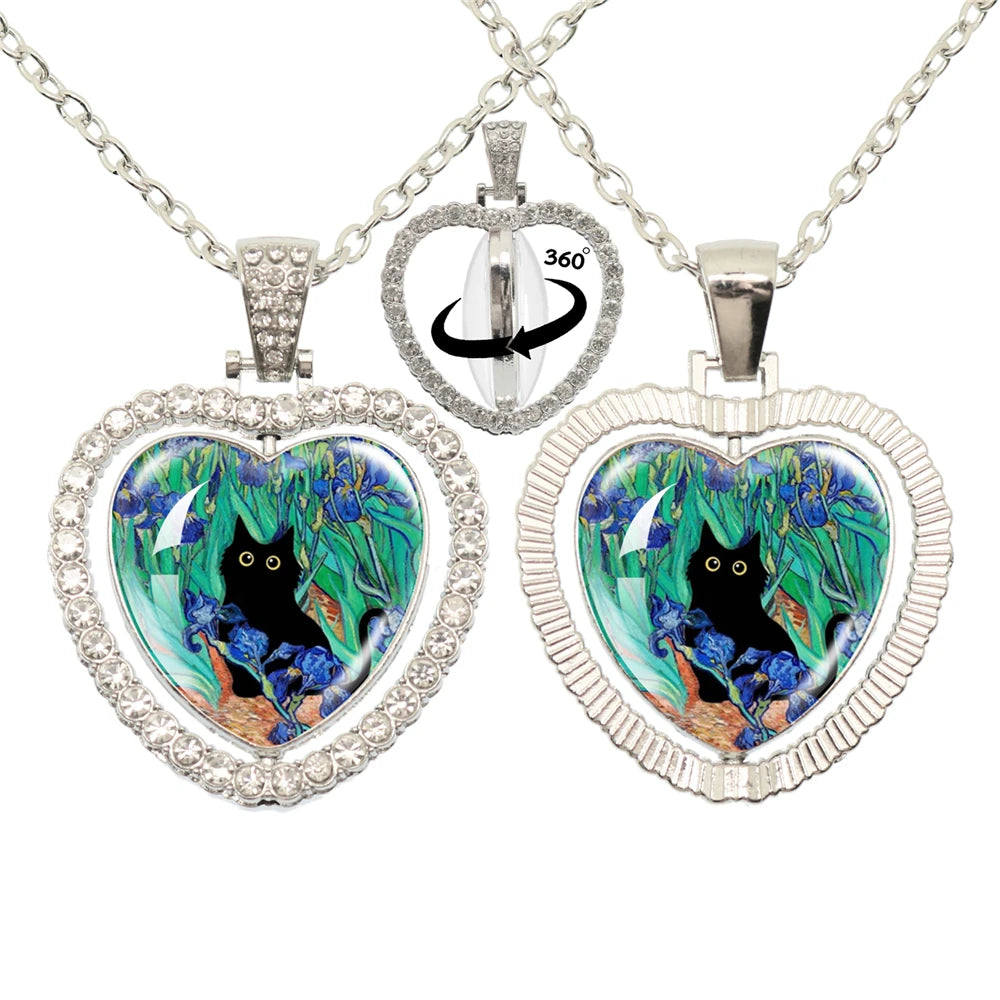 Lovely Little Cat Glass Cabochon 360 Degree Rotating Heart Shaped Pendant With Double-Sided Necklace For Girls' Birthday Gift Je