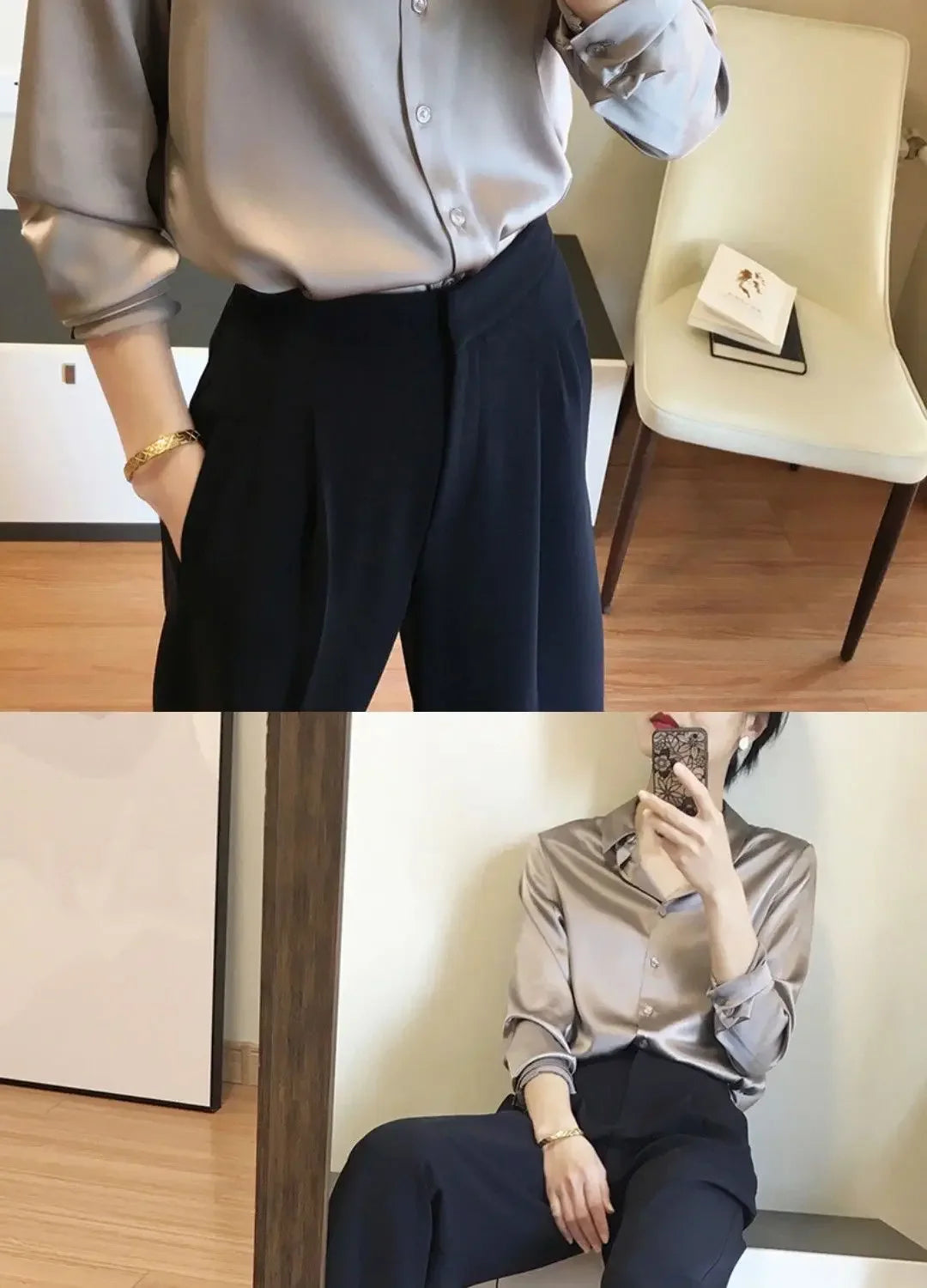 Silk Brown Clothes Wear To Work Office Outfits Long Sleeve Purple Spring Formal Tops for Women Satin Womens Shirt & Blouse Cool