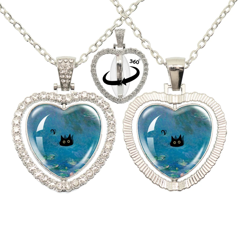 Lovely Little Cat Glass Cabochon 360 Degree Rotating Heart Shaped Pendant With Double-Sided Necklace For Girls' Birthday Gift Je